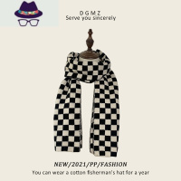 网红ins黑白棋盘格子围巾女秋冬天韩版学生百搭保暖针织围脖男潮 FISH BASKET