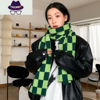 牛油果绿棋盘格仿围巾女秋冬韩版新款百搭保暖显白针织围脖潮 FISH BASKET