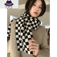 红人馆棋盘格围巾女秋冬季2021新款百搭韩版针织毛线黑白格纹围脖 FISH BASKET