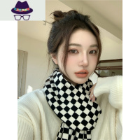 黑白棋盘格子针织毛线围巾女秋冬韩版百搭网红ins学生保暖围脖潮 FISH BASKET