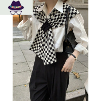 恬淡俏皮棋盘格交叉披肩 慵懒风仿空调房护肩颈外搭打结围巾 FISH BASKET