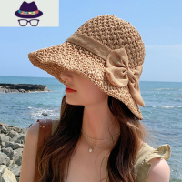 草帽女蝴蝶结编织海边渔夫帽韩版潮遮脸太阳帽网红款遮阳防晒帽子 FISH BASKET