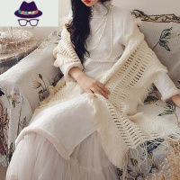 旗袍披肩围巾秋冬厚毛线复古文艺毛边毛绒流苏纯色度假旅拍保暖女 FISH BASKET
