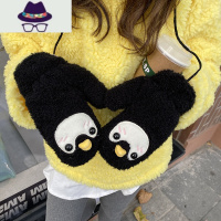 先生 黑色小企鹅加绒加厚学生挂脖保暖毛绒手套秋冬天女可爱 FISH BASKET