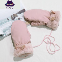 秋冬女加绒加厚保暖滑雪羽绒棉手套可拆卸防风绳挂脖骑车防风防寒 FISH BASKET