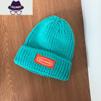 圆脸适合的帽子冬季ins百搭针织帽子女秋湖蓝色毛线贴布休闲冷帽 FISH BASKET