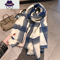 秋冬季百搭薄款棉麻围巾条纹格子丝巾女春夏天长款披肩空调巾纱巾 FISH BASKET