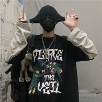 情侣印花秋季衣假两件长袖bf宽松T恤衣服男装学生韩版 潮流上衣服