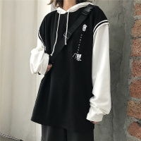 秋季韩版ins原宿风宽松口袋印花拼接撞色假两件长袖薄款卫衣女潮