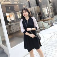 大码女装2020胖妹妹春秋夏季新款V领拉链七分袖遮肚子连衣裙潮