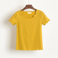 95%棉夏季新款甜美木耳边纯色修身短袖T恤圆领打底小衫显瘦上衣服