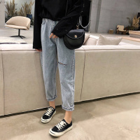 网红乞丐破洞牛仔裤女老爹韩版宽松九分高腰显瘦学生裤直筒阔腿裤