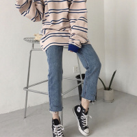 春季新款复古韩版高腰百搭直筒裤宽松毛边割破牛仔裤显瘦九分裤女