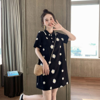夏季港风大码200斤宽松中长款短袖T恤女polo衬衫领小雏菊连衣裙子