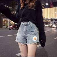 高腰牛仔短裤女夏2020女装刺绣雏菊宽松韩版学生显瘦破洞阔腿热裤