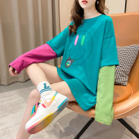 唯逸衣品2020秋季新品长袖t恤女春秋宽松韩版撞色假两件印花中长款潮