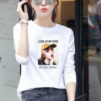 白色T恤女长袖宽松休闲圆领春大码新款打底衫女