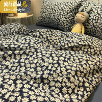 复古深蓝色小雏菊四件套棉白晶菊被套床单碎花田园床笠款 三维工匠