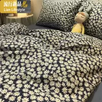 复古深蓝色小雏菊四件套棉白晶菊被套床单碎花田园床笠款 三维工匠