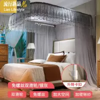 新款U型伸缩导轨蚊帐家用落地公主宫廷风纹帐1.8m床防蚊罩1.5米2 三维工匠
