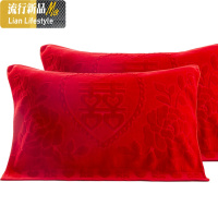 红枕巾棉一对结婚红枕头巾大红色加厚纱布红枕巾情侣大红枕套 三维工匠