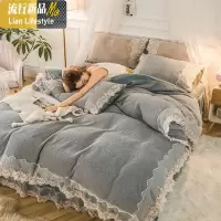 羊羔绒床裙四件套蕾丝加厚法兰绒床罩式夹棉保暖珊瑚绒被套水晶绒 三维工匠