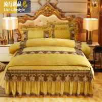 夹棉床裙水晶绒四件套欧式蕾丝法莱绒床罩防滑珊瑚绒被套床上用品 三维工匠