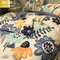 梵高写意风四件套棉1.5m1.8米被套蓝色格子床单田园欧美式 三维工匠