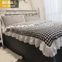 黑色小格子 色织棉水洗棉四件套 蕾丝刺绣花边 三维工匠