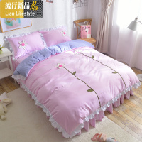 ins少女心公主风棉棉床裙式四件套荷叶花边手工盘花床上用品 三维工匠