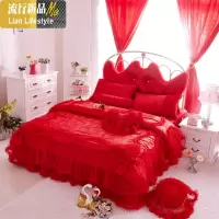 棉韩式四件套粉色公主花边蕾丝床上用品棉床单床裙式婚庆床品 三维工匠