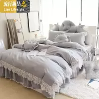 简约素色四件套公主风棉棉韩式蕾丝花边裙式床单被套床上用品 三维工匠