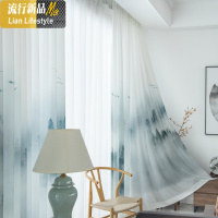 新中式窗帘山水水墨画遮光窗纱客厅卧室飘窗阳台中国风纱帘成品 三维工匠