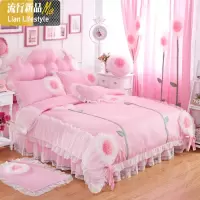 夏季结婚蕾丝少女心床单被套床上用品四件套棉棉公主风1.8m床 三维工匠