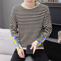 【德国法兰克福】19冬季潮流男侧边拼色提花套头打底衫 条纹高领毛衣