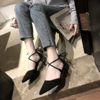 2019春季新款韩版百搭尖头浅口绒面单鞋性感细跟镂空绑带高跟鞋女