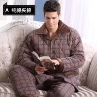 中老年人睡衣男冬纯棉加厚夹棉袄保暖加肥加大中年男士家居服套装