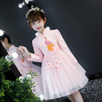 女童连衣裙秋冬洋气中国风礼服旗袍公主裙儿童新年装粉色加绒裙子