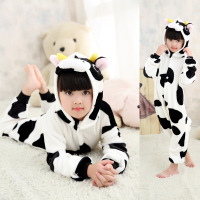 奶牛儿童连体睡衣秋冬男女童卡通动物家居服法兰绒中大童拆帽有鞋