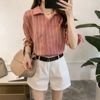 2019夏装女装新款韩范系带短袖条纹衬衫女宽松休闲衬衣BF大码上衣