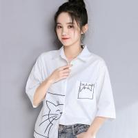 纯棉刺绣韩版2020新款学院POLO衫宽松猫咪翻领白衬衫女中袖打底上衣