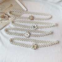 SUNTEK日系潮流时尚镶钻花瓣挂钩弹力松紧珍珠腰带女装饰连衣裙外套腰链