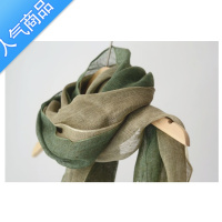 SUNTEK古朴 草绿灰文艺配色 硬麻围巾 亚麻纱巾 夏透气纤维流苏围巾