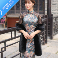 SUNTEK秋冬保暖网红披肩旗袍仿皮草色新娘大长晚礼服女毛毛绒加宽围脖巾