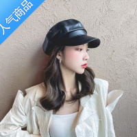 SUNTEK黑色网红pu皮质八角帽子女鸭舌英伦韩版潮秋冬复古百搭皮帽贝雷帽