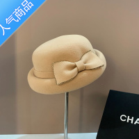 SUNTEK粉色贝雷帽女法式优雅镶钻蝴蝶结卷边呢小礼帽平顶甜美秋冬款