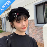 SUNTEK可前后戴~ins风韩版灯芯绒贝雷帽子女秋冬复古时尚平顶百搭画家帽