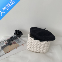 SUNTEK亚麻编织黑色贝雷帽女夏季薄款透气日系文艺复古百搭皮边画家帽潮