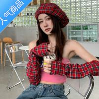 SUNTEK西瓜妹妹复古红格子贝雷帽女夏秋大头围显脸小云朵帽百搭画家帽