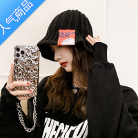 SUNTEK渔夫帽女秋冬毛线针织冷帽贴标黑色水桶帽冬季字母贴标冬季礼帽潮